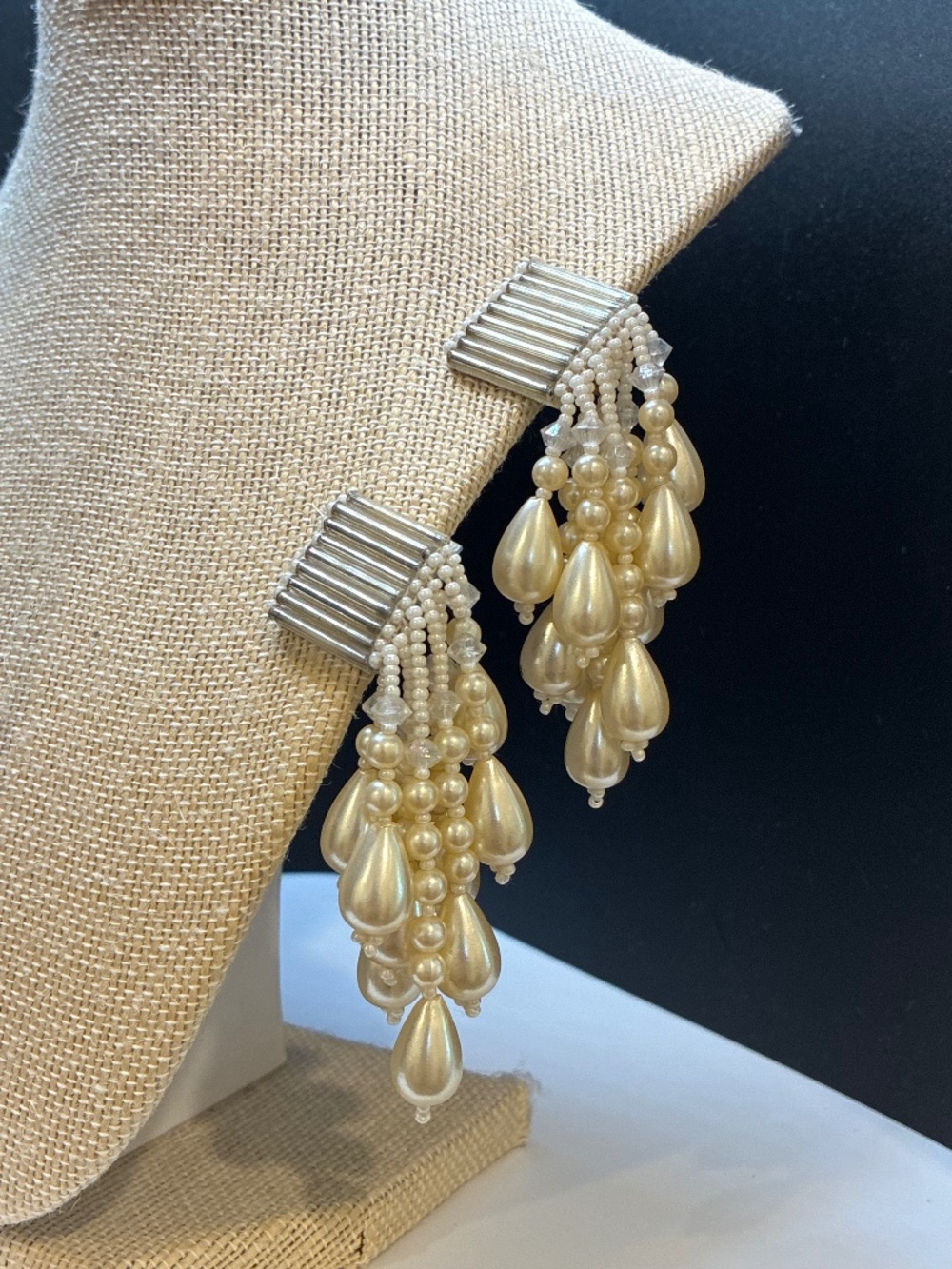 Vintage Waterfall dangle earrings with teardrop faux pearls clip-on.